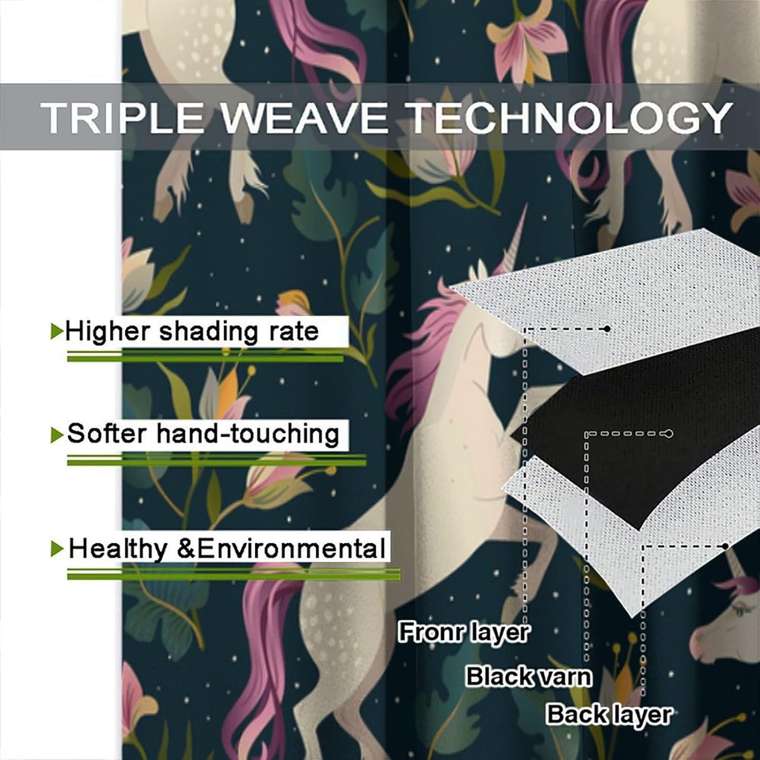 Unicorn Curtains for Kids Bedroom, Fairy Forest Rustic Woodland Plants Flower Cartoon Unicorn Print Blackout Window Treatments Drapes for Girls Boys Room Living Room, 42" W X 63" L