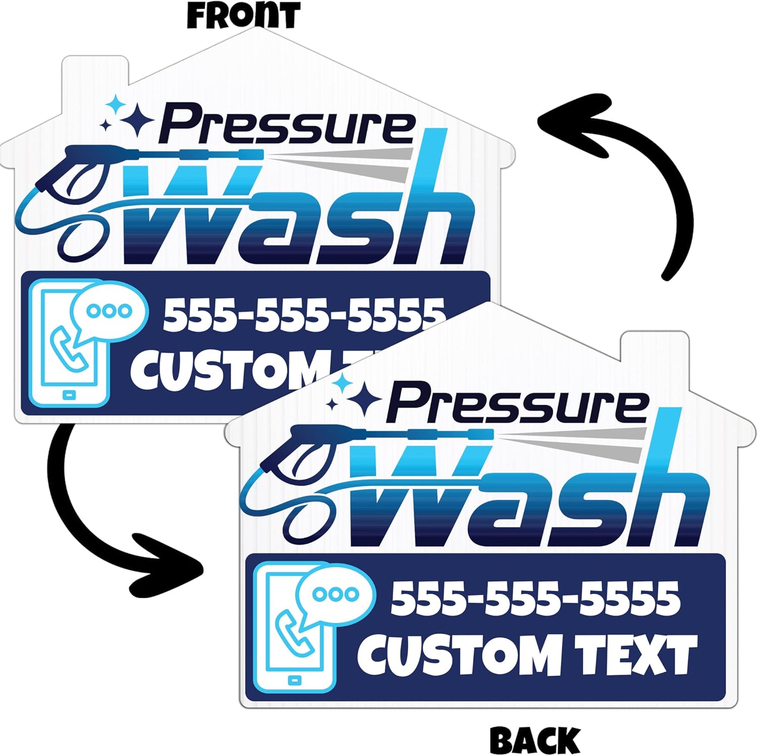 10-Pack Custom Pressure Wash Yard Sign - Two Sided Print - House Shaped Cut - Includes Two 24 Inch Yard Stakes Per Sign, American Made
