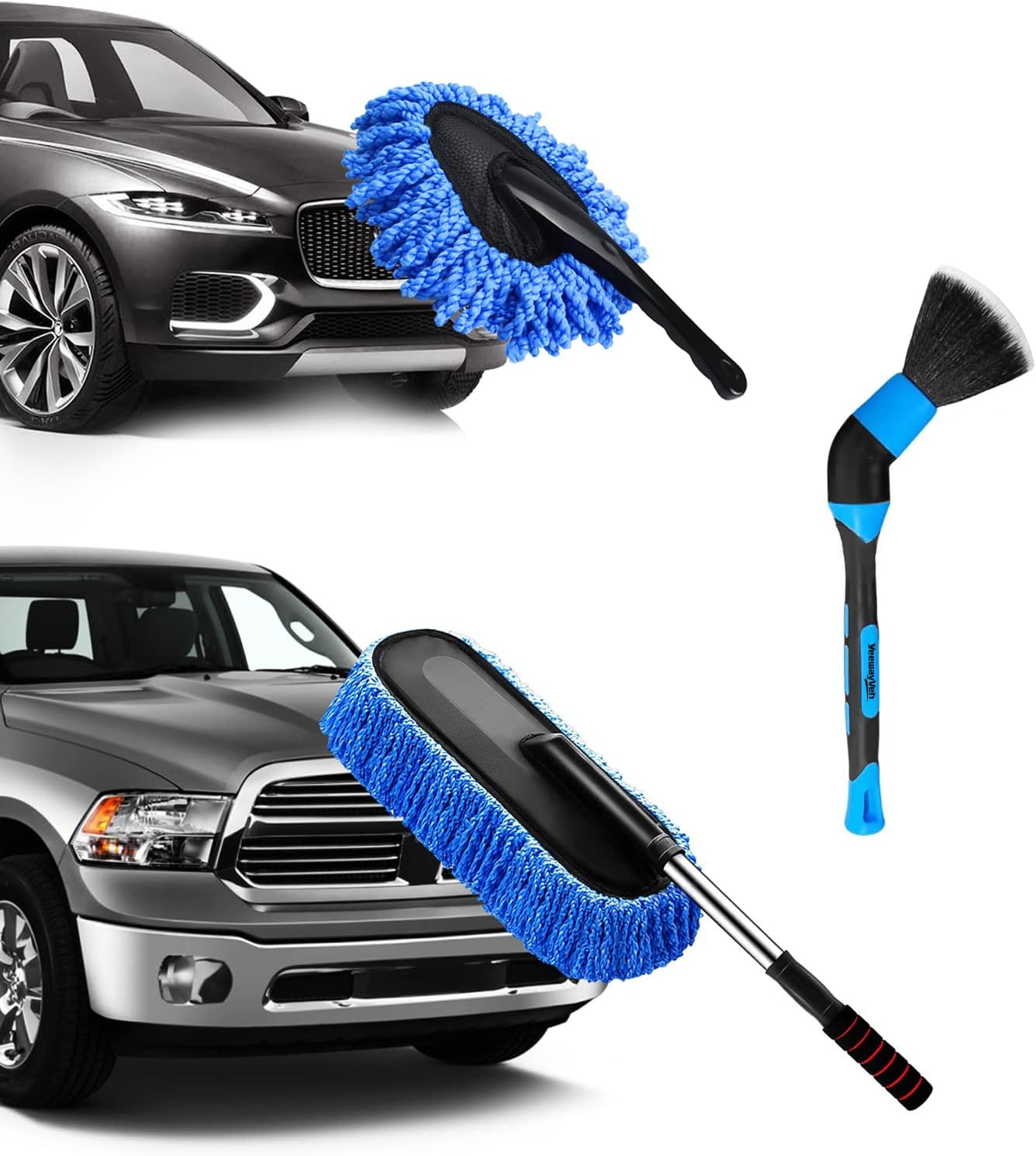 Car Duster Kit, 3 Pack Car Detailing Brush Set with Extendable Microfiber Dust Brush & Scratch Free Car Dash Duster & Soft Car Interior Brush for Vehicles Motorcycle and Home Cleaning Tools