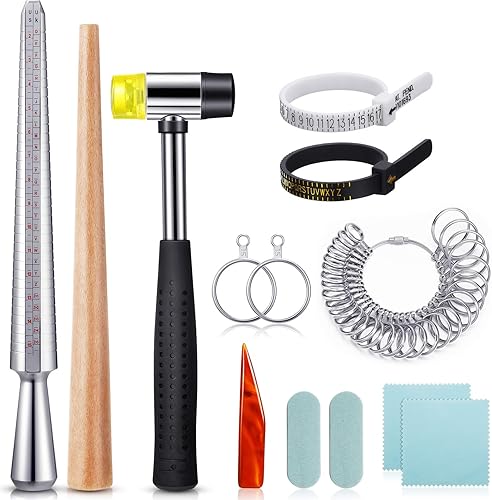 Miniatura 7 de Juego de mandril de anillo de 11 piezas de EE. UU. y Reino Unido, tamaño 1-13 con medidor de anillo de medio tamaño, mandril de joyería, martillo