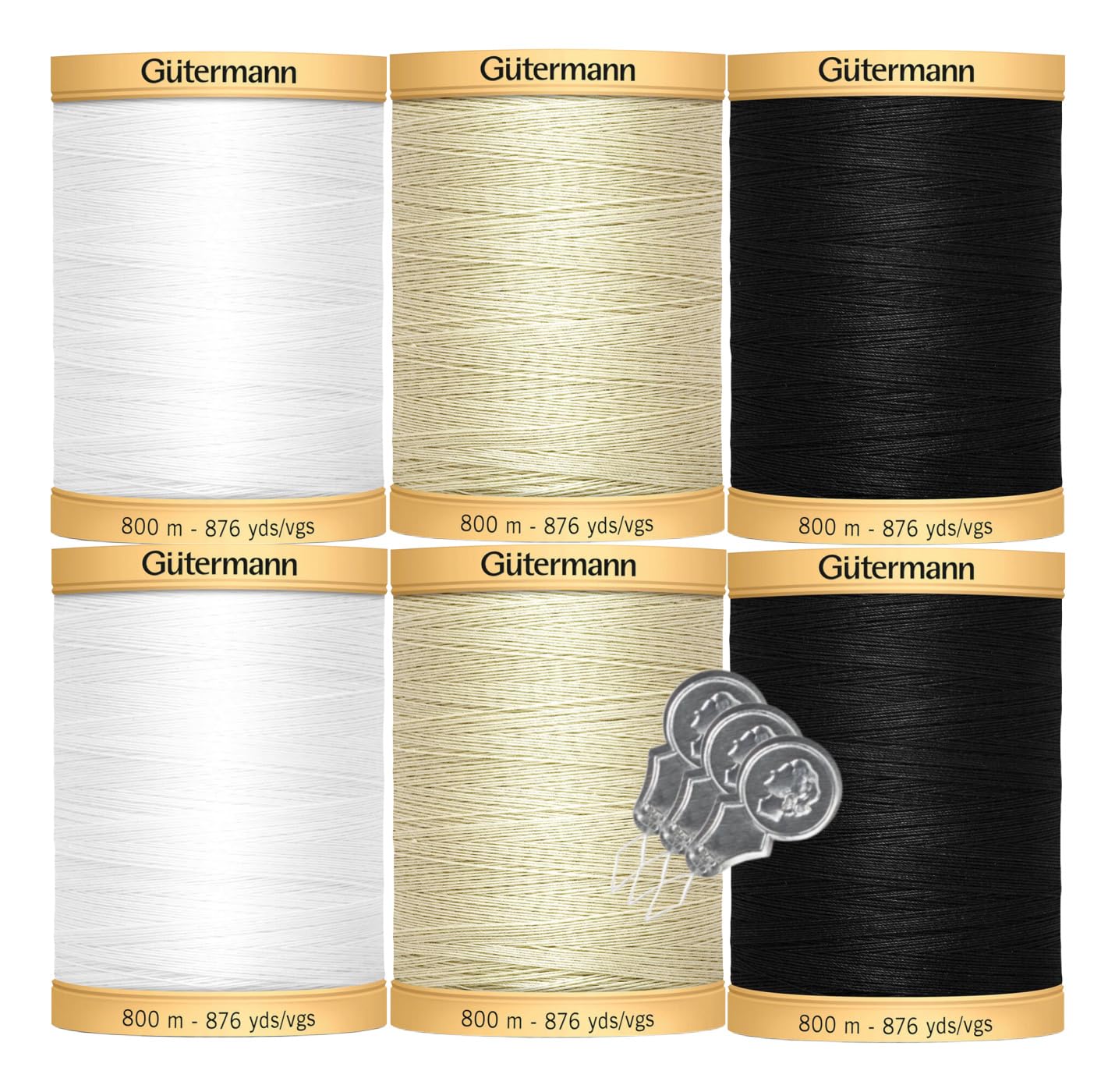 Bella's CraftsGutermann Natural Cotton Thread (876yd/800m Each) 6-Pack Bundle with 3 Bella's Crafts Needle Threaders (White, Cream, & Black)