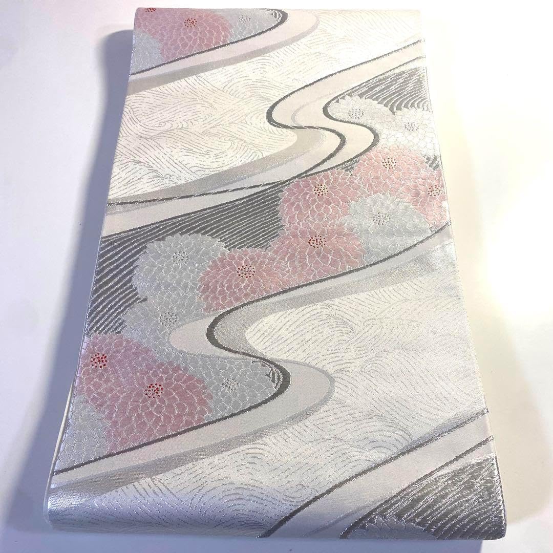 182 名古屋帯 帯 和紙 鳥 紬 おしゃれ きなり ベージュ 正絹 可愛い