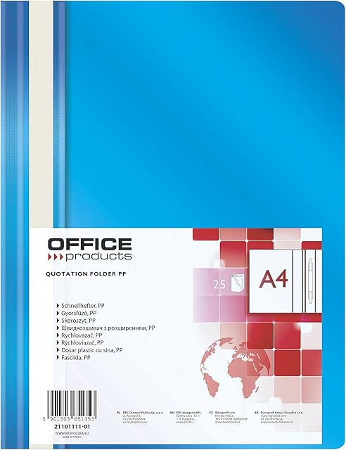 Skoroszyt OFFICE PRODUCTS PP A4 Miękki 100/170mikr Niebieski/Archiwizacja Dokumentów/Typ-Miękki/Materiał-Pp/Etykieta-Pasek Brzegowy/Ilość Kartek-200 / Kolor-Niebieski