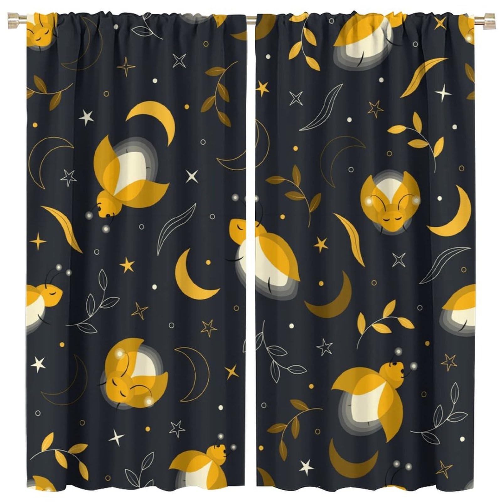 Firefly Blackout Window Curtain,Cute Cartoon Fireflies, Moon, Stars and Leaves for Baby Boys Bedroom Nursery Children Drapes 2 Panels 42x45 Inch, Style-6