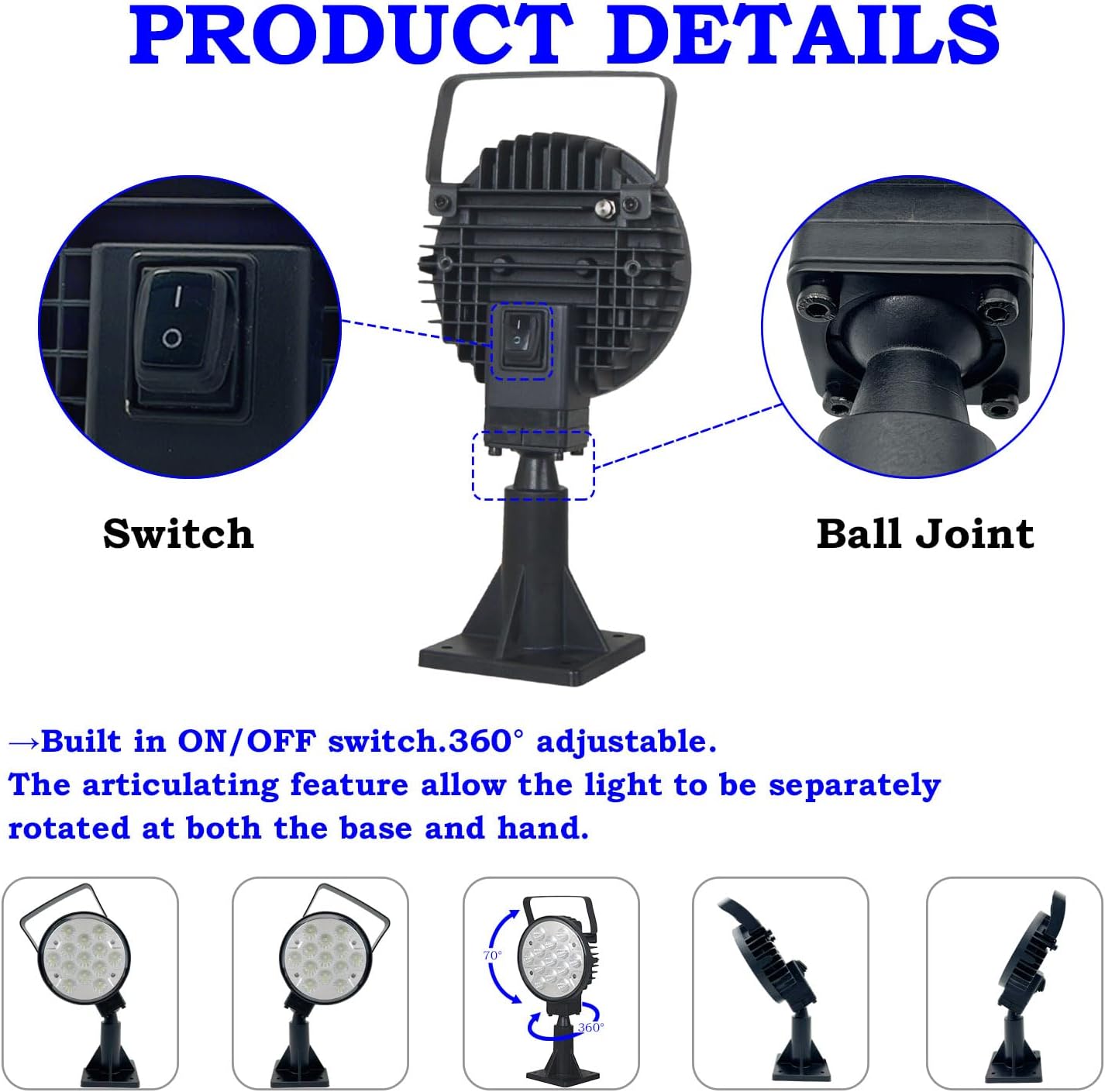 Manual Rotating Search Light for Boat, IP67 Waterproof Spotlight for Truck vessel Marine Searching 360 Rotating, 39W Auxiliary Searchlight Driving Light for Pontoon and Yacht and Small Boat, 12V/24V