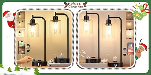 Miniatura 1 de Juego de 2 lámparas de mesa industriales para dormitorio, lámparas de noche totalmente regulables con puertos USB A y C y tomacorriente, lámparas de