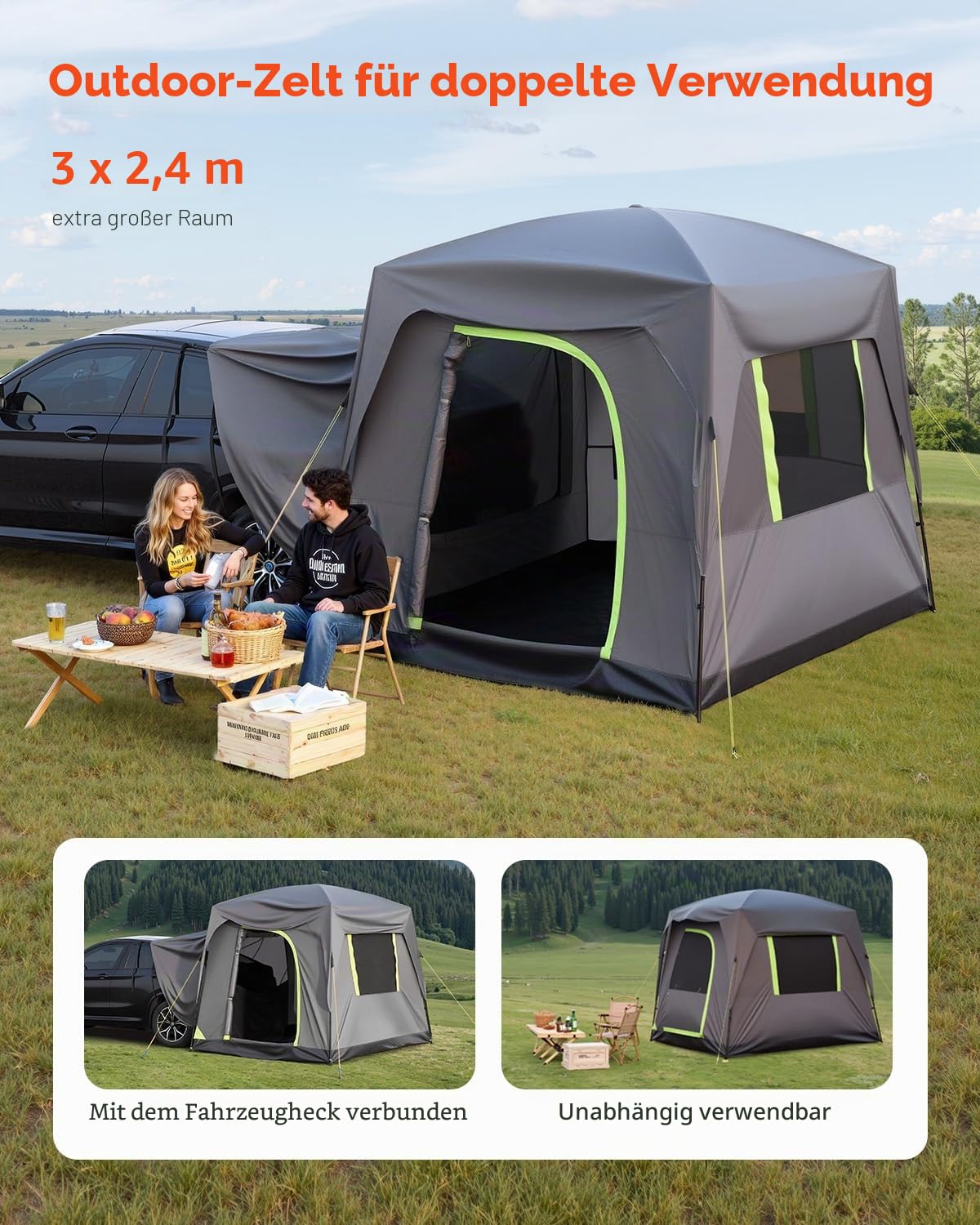 VEVOR SUV-Zelt Camping Auto-Zelt (248 x 308 x 230 cm) wasserdichtes PU2000 geräumiges Doppelschicht-Design für 5-8 Personen, SUV-Campingzelt mit Fenstern & Netzfenstern & Regendach & Tasche