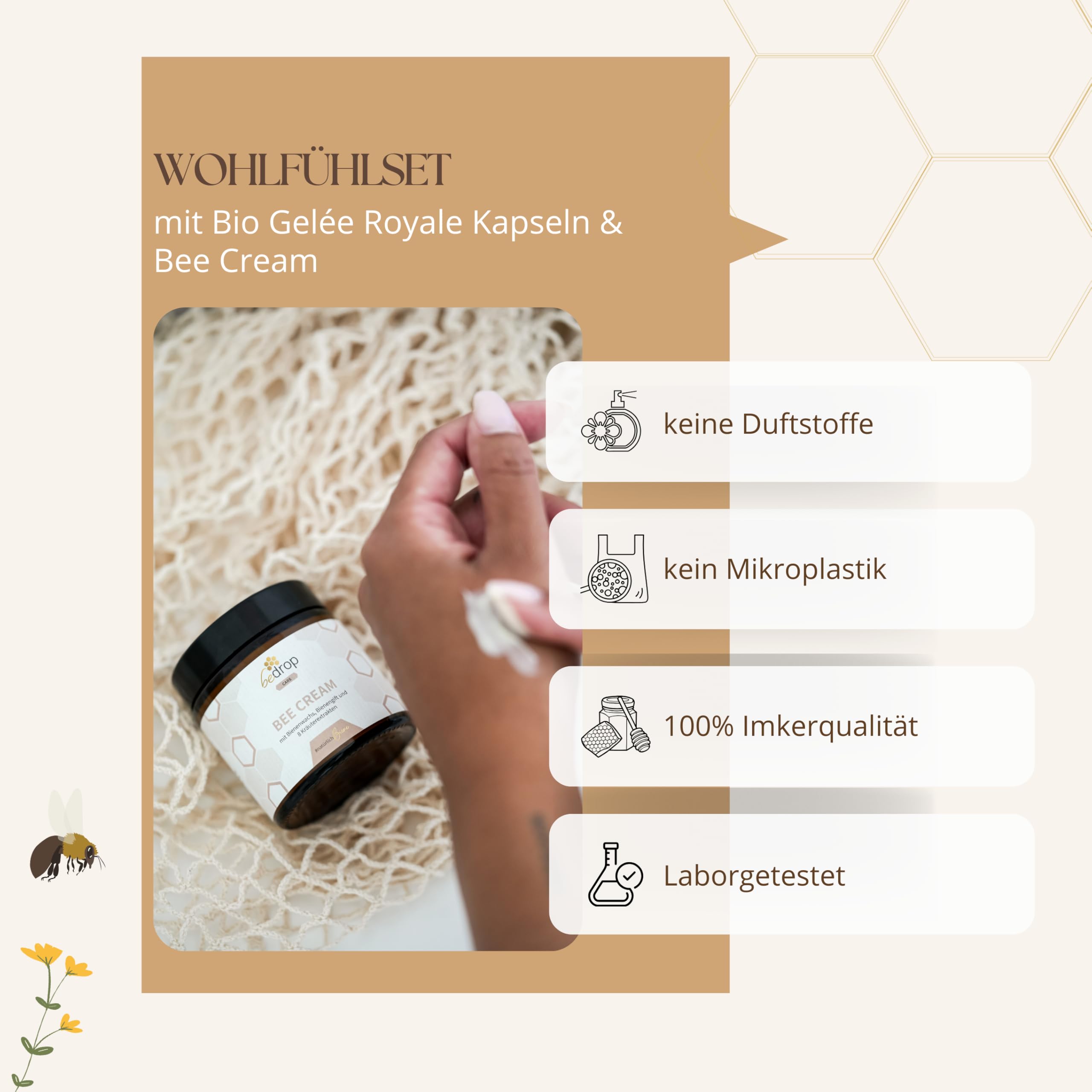 bedrop Wohlfühlset | Bee Cream (Bienengiftsalbe) 100g + Gelée Royale Kapseln 60 Kapseln, reich an Biotin, Folsäure & mehr