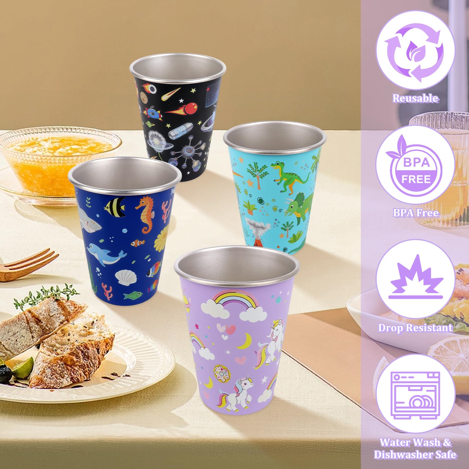 Set di 4 Bicchieri in Acciaio Inox per Bambini 350ml, Tazze in Acciaio Inox, Animali Marini Dinosauro Spazio Unicorno, Bicchieri Riutilizzabili Infrangibili Impilabili per Scuola Casa Campeggio