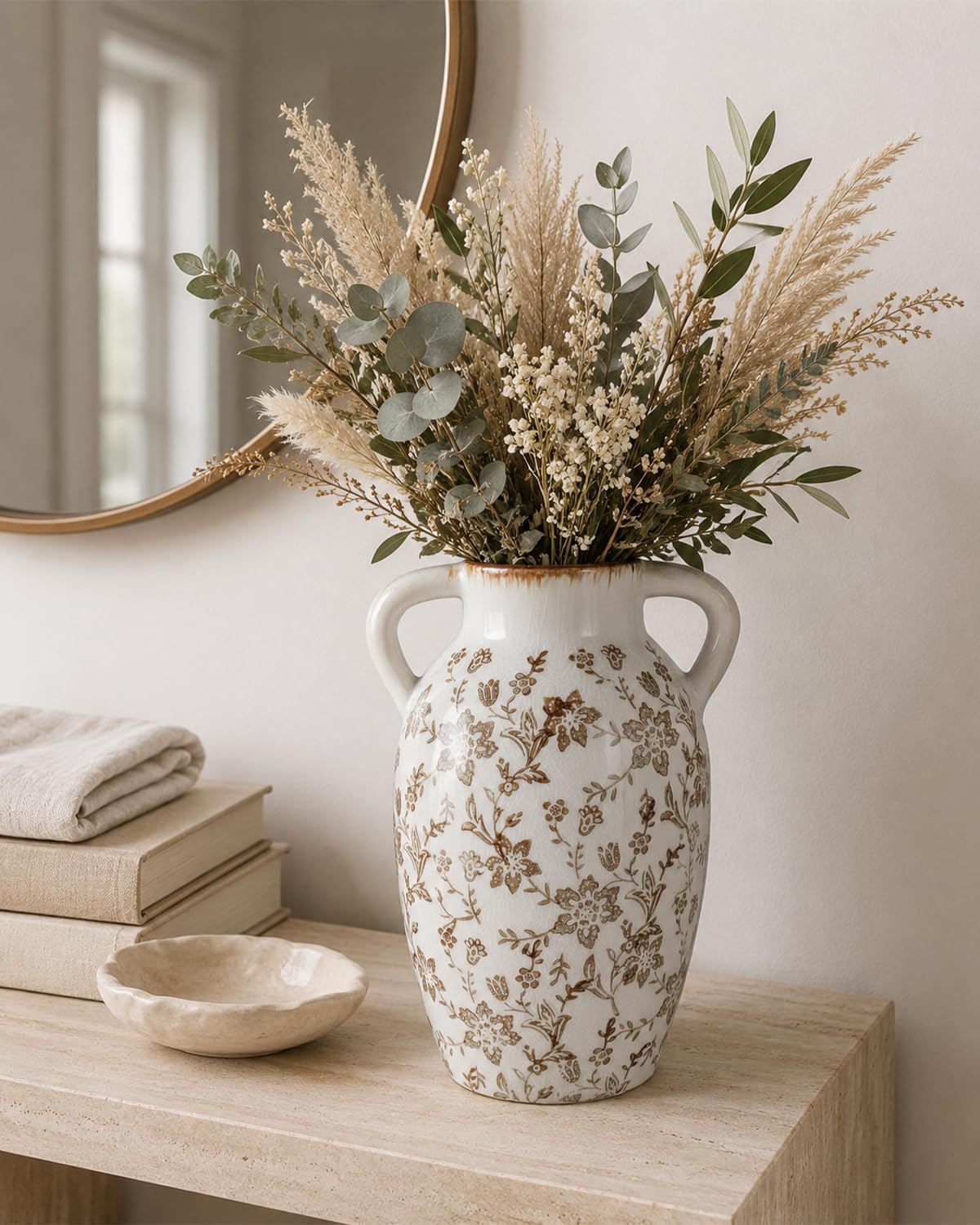 Vintage Ceramic Vase with Handles, 9.45 Inch Crackle Glaze Floral Pattern Vase, Rustic Farmhouse Decorative Flower Vase for Table Centerpieces, Boho & Chinoiserie Home Decor