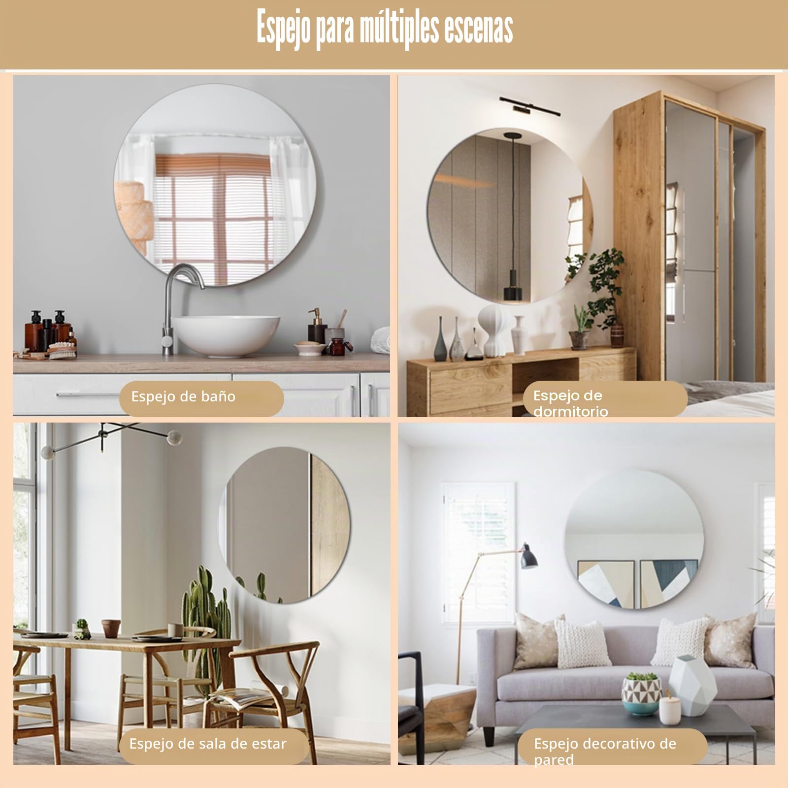 Espejo Redondo 30 cm Autoadhesivo sin Marco – Espejo de Cristal para Lavabo, Baño Pequeño, Pared o Recibidor