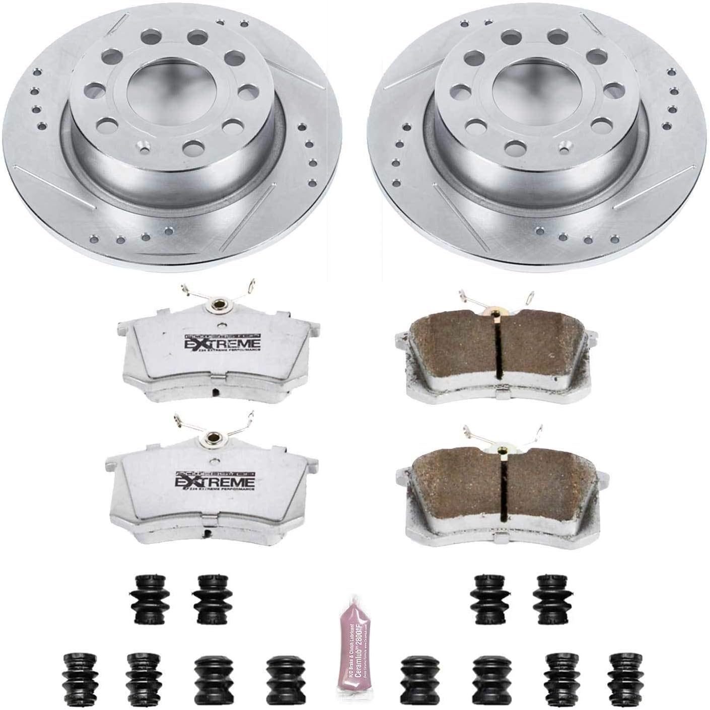 PowerStop Rear Brake Kit For Audi A3 2010-13 |Volkswagen Beetle 2013-19 |Golf 2015 |Golf SportWagen 2015 |Jetta 2012-18 - Carbon Fiber Ceramic Brake Pads + Drilled & Slotted Rotors Upgrade, K5671-26