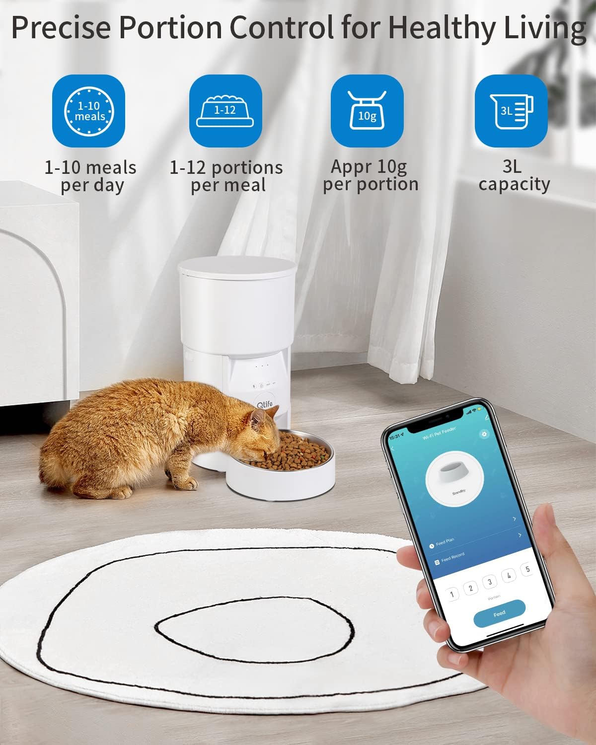Automatic Cat Feeder WiFi App Control: QLIFE 3L Timed Dry Food Dispenser for Small Medium Dog Smart Auto Pet Feeder Remote Control Portion Control Dual Power 10s Voice Recorder - Stainless Steel Bowl
