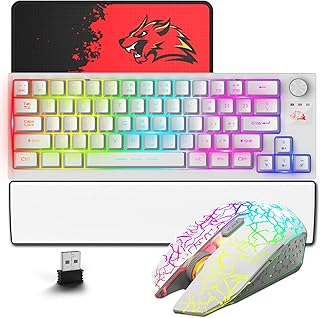 ZIYOU LANG T50 Wireless Gaming Keyboard and Mouse Combo with Ergonomic Wrist Rest Chroma LED Backlit 64Key Membrane Rechargeable 4000mAh Battery Anti-ghosting Media Knob for Mac PC Gamer(White Mix)
