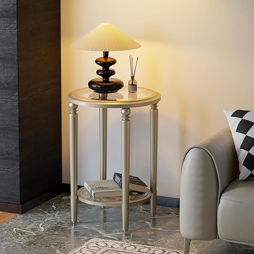 COSIEST Round Side Table, End Table Glass with Wood Frame, Champagne Gold Bedside Table with Modern Style for Living Room, Balcony, Bedroom