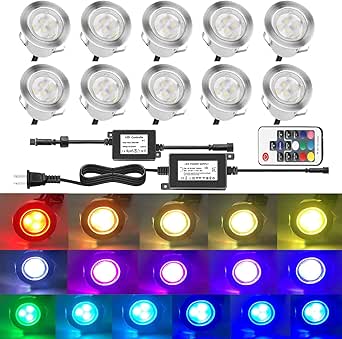 Outdoor Deck Lights Waterproof Multi-Color RGB Stainless Steel (10 Pack, Silver Border)