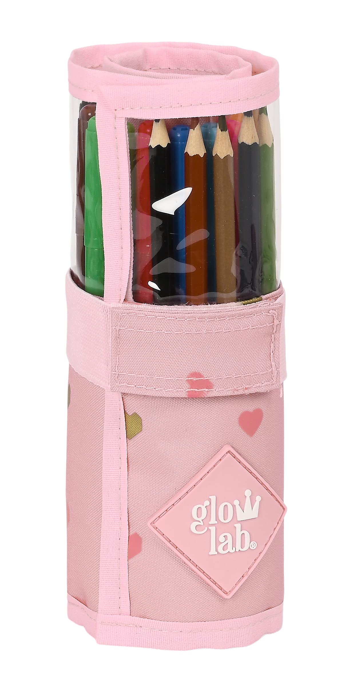 Glowlab Hearts - Estuche Enrollable Útiles Incluidos, Estuche Infantil, Estuche Niño, Ideal para Niños de 5 a 14 Años, Cómodo y Versátil, Calidad y Resistencia, 7x20 cm, Color Rosa Claro
