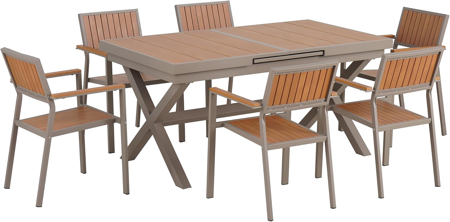 7-Piece Outdoor Dining Set,8 Piece Patio Dining Furniture Set for 7,with Plastic Wood Chairs and Extends Table,Woodgrain Table with Umbrella Hole,for Patio,Balcony,Backyard,Camel