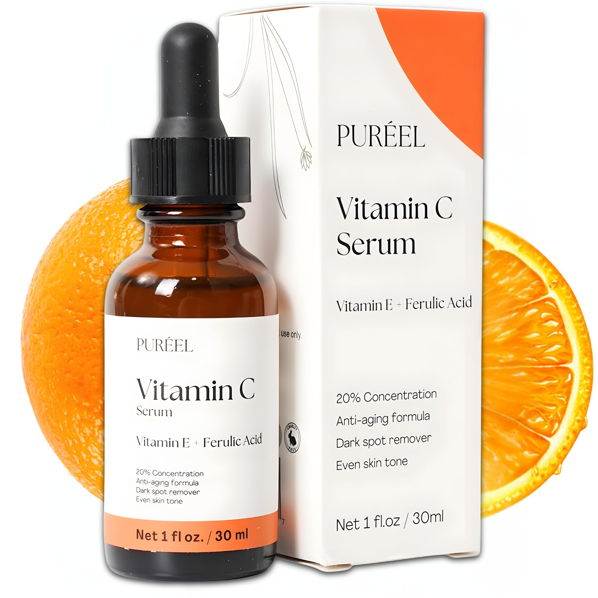 Puréel 20% Vitamin C Serum for Face – Brightening Serum with Vitamin E & Ferulic Acid – Anti-Aging, Dark Spot Remover, Even Skin Tone, Wrinkle