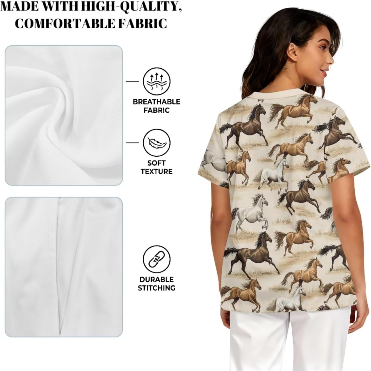 Printed Scrubs Set for Women Stretch V-Neck Scrub Tops with Pants, Pocket Medical Uniform for Nurse Doctor Work