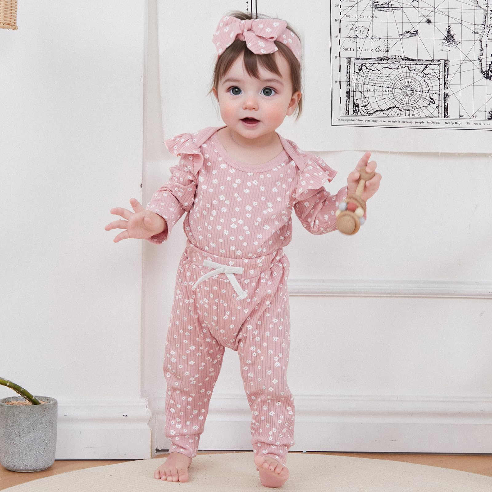 Mandizy Baby Girl Clothes Ribbed Ruffle Long Sleeve Romper Pant Set Newborn Infant Fall Winter Floral Print 3Pcs Outifts (Pink, 3-6 Months)