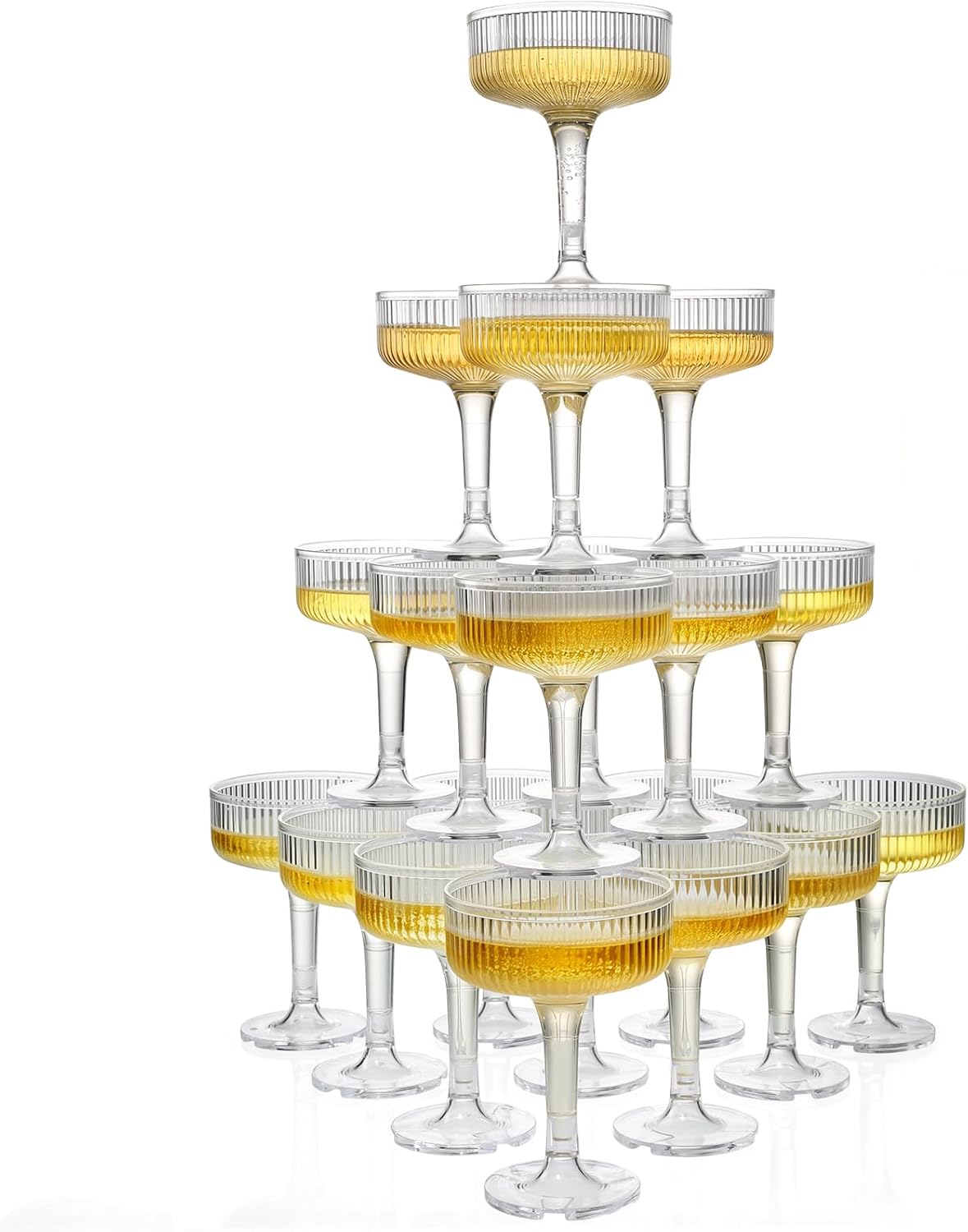 Goodluck 4-Tier Champagne Glasses - 20 PCS 7oz Clear Plastic Champagne Flutes, Plastic Coupe Glasses with Vertical Stripes for Weddings, Celebrations, Parties & Birthdays