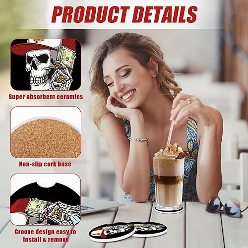 Miniatura 3 de Portavasos de automóvil con diseño de calavera, posavasos de cerámica absorbente para portavasos de automóvil, accesorios de automóvil para mujeres