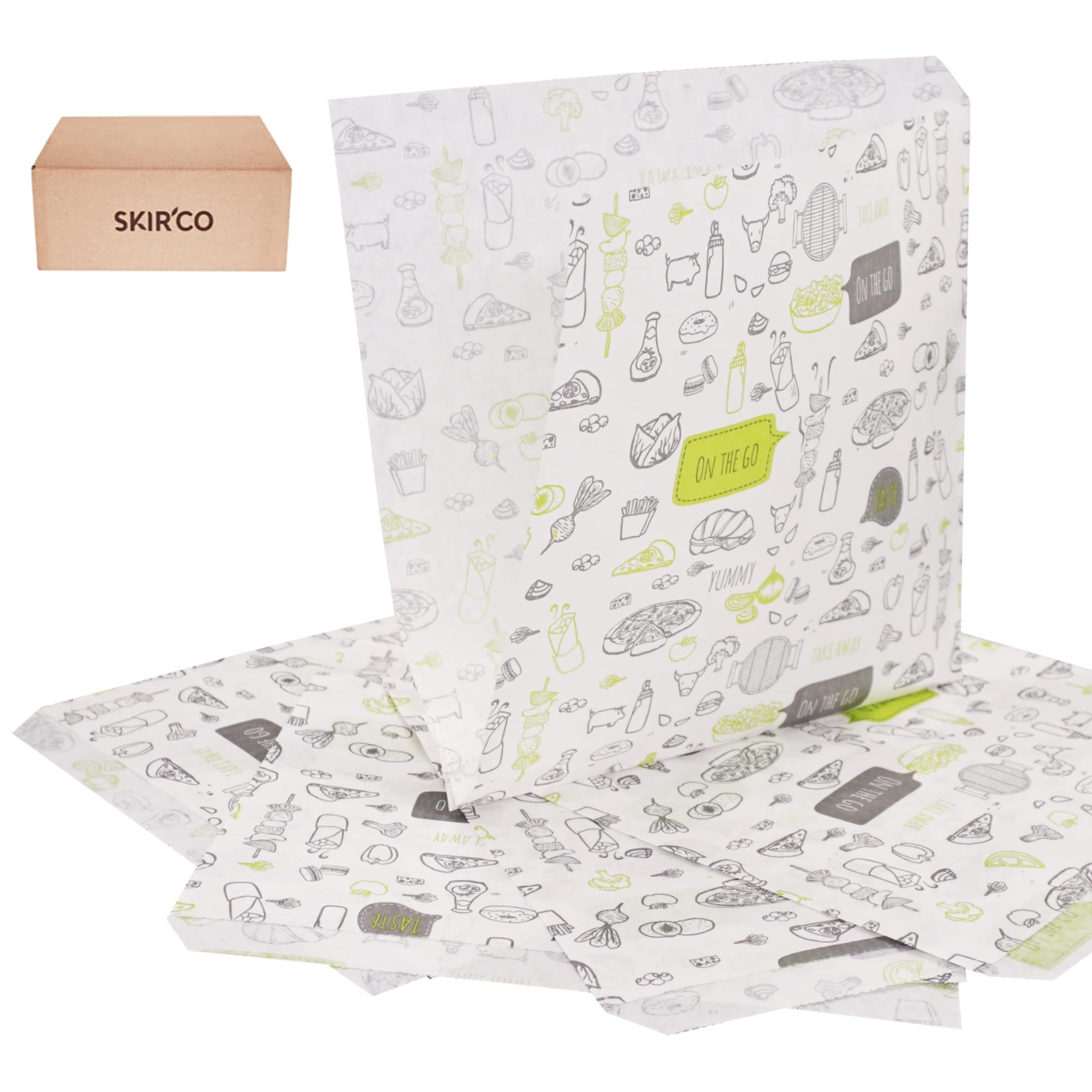 SKIR'CO (500 pz) Sacchetti di Carta Per Imballaggio Alimentare 17 x 17 cm, Sacchetti Per Fast Food Antigrasso, Involucro Alimentare, Borse Hamburger