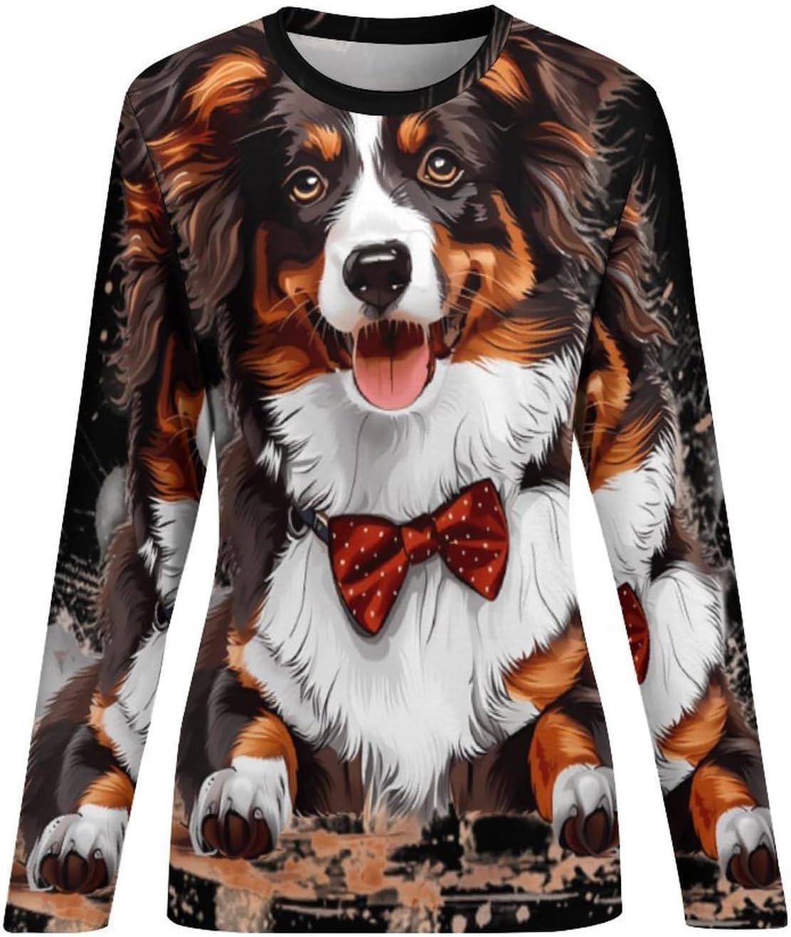 Australian Shepherd Dog with Bowtie Women's Pajama Top Sleepwear Pajamas Sleep T-Shirt Long Sleeve Shirt Crewneck Tee