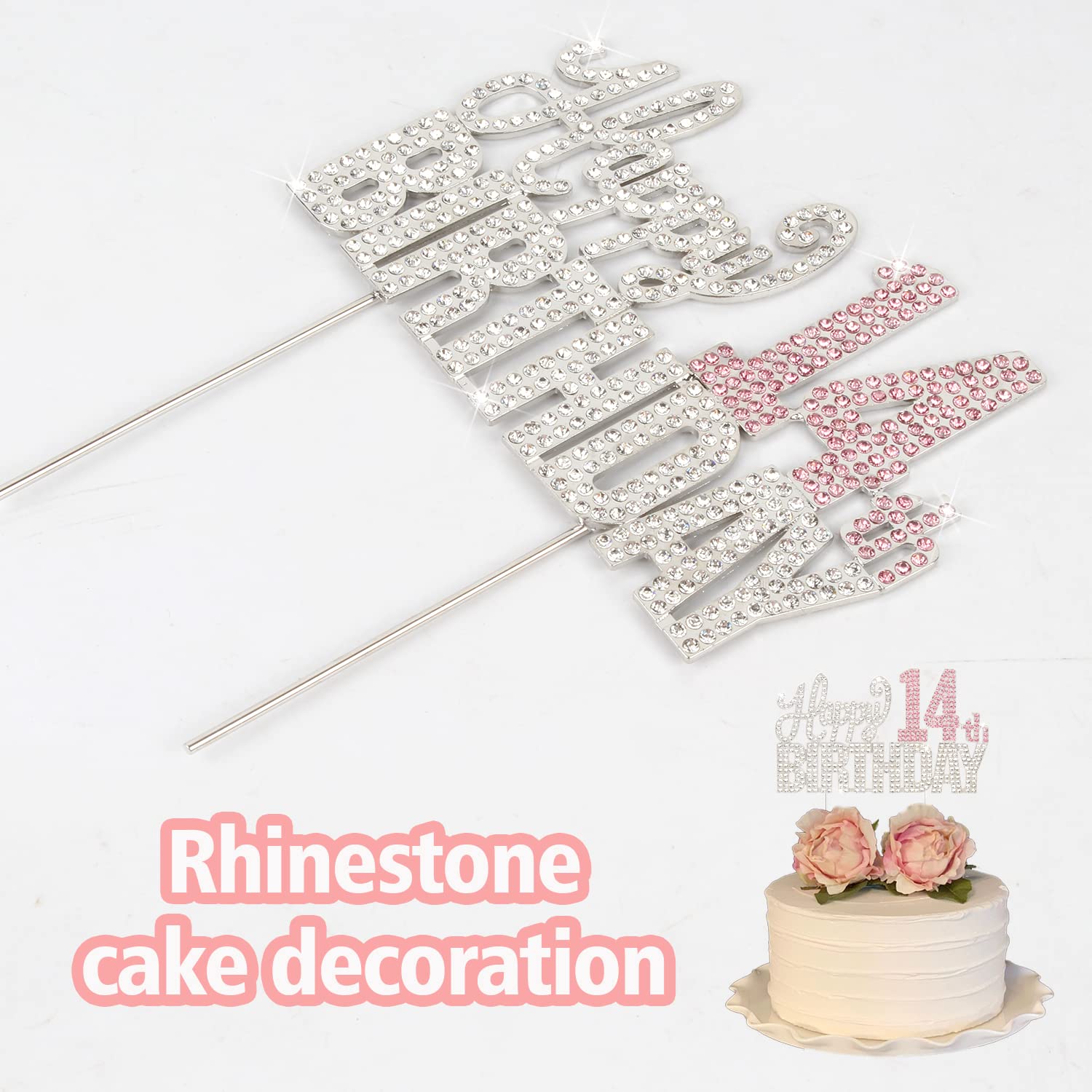 Nelbiirth Happy 14th Birthday Silver & Pink Rhinestone Cake Topper - Cheers to 14 Years Old Fourteen Bday Metal Sparkly Cake Centerpieces Topper Decorations Sign.
