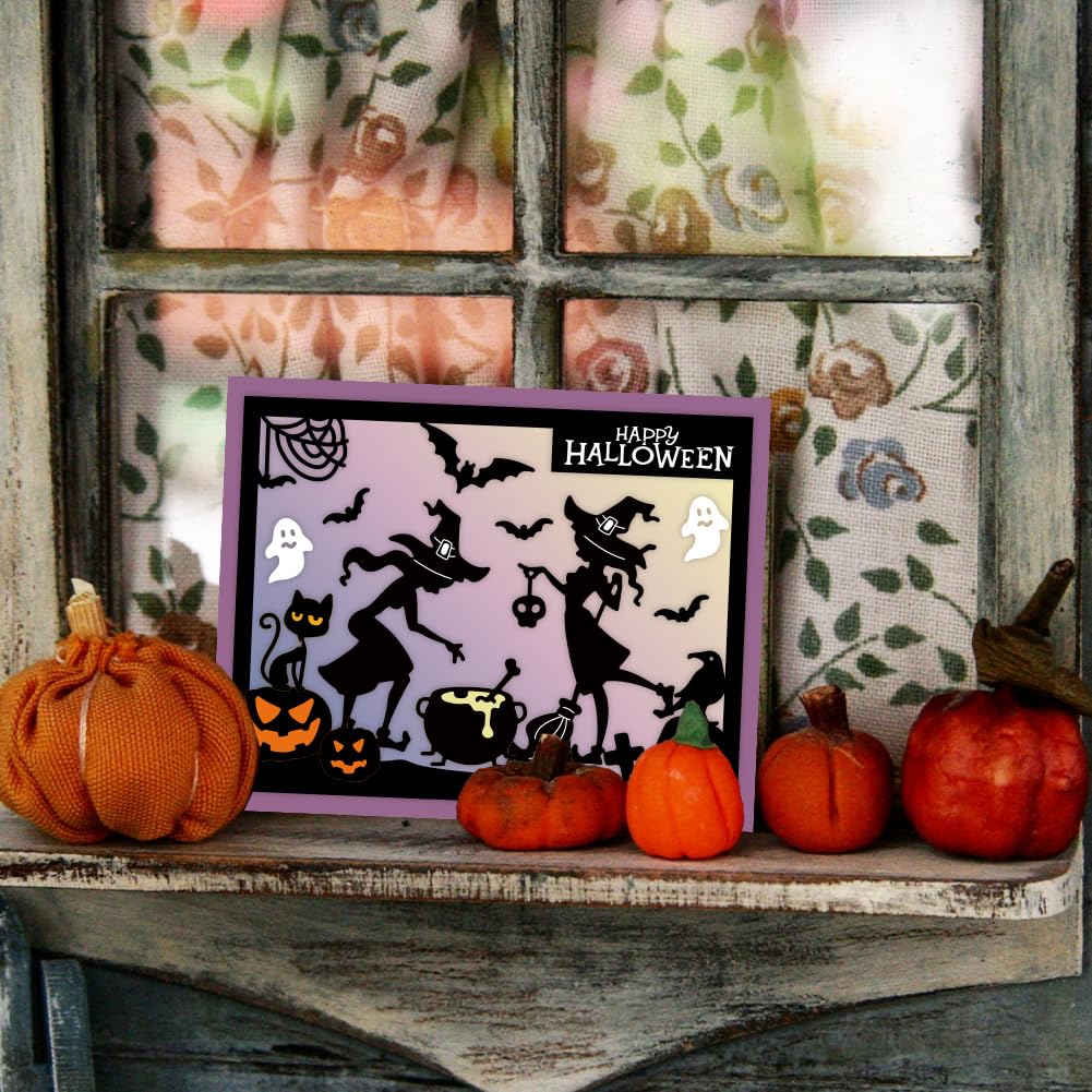 INFUNLY Set Di 2 Fustelle In Metallo Per Halloween - Motivi Fantasma, Strega, Pipistrelli, Gatto Nero E Zucca - Per Scrapbooking E Biglietti Fai Da Te