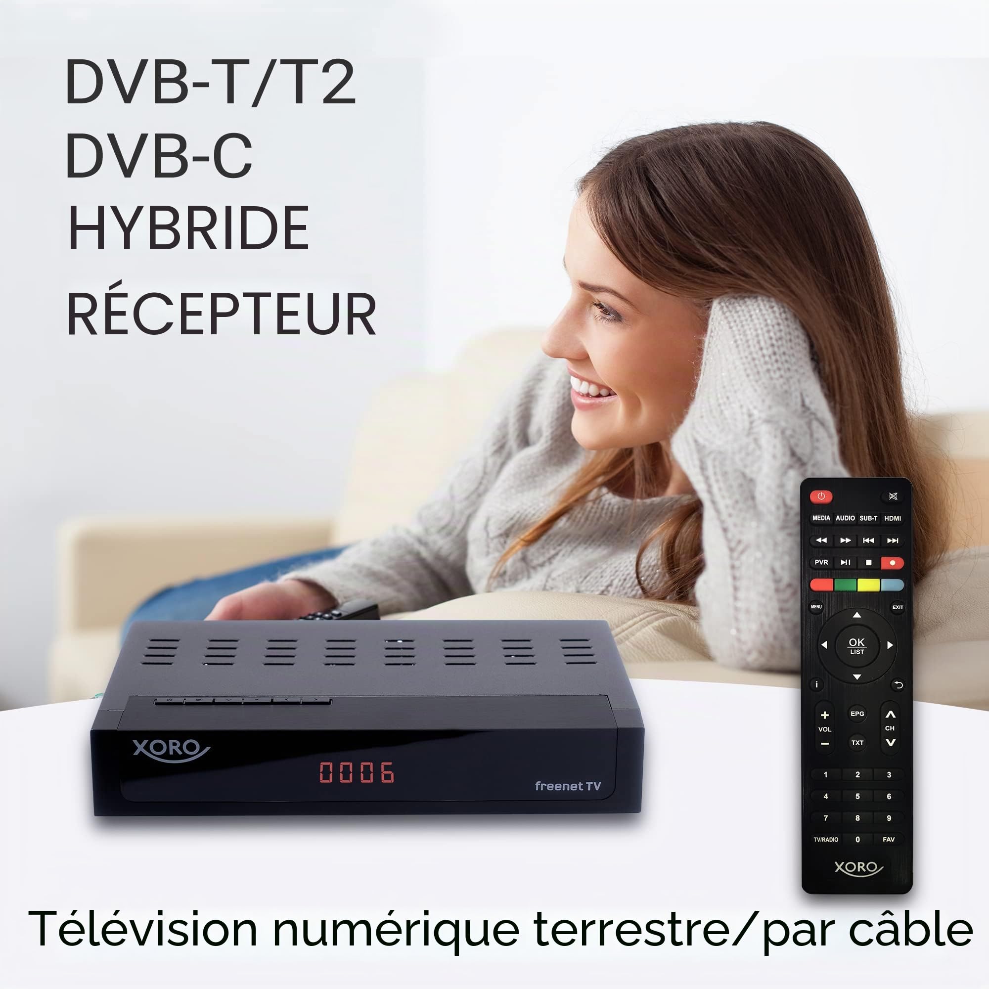 XORO HRT 8770 Twin - Combo FullHD DVB-C/DVB-T2, système de décryptage Freenet TV intégré, tuner double (deux récepteurs), compatible PVR, Timeshift