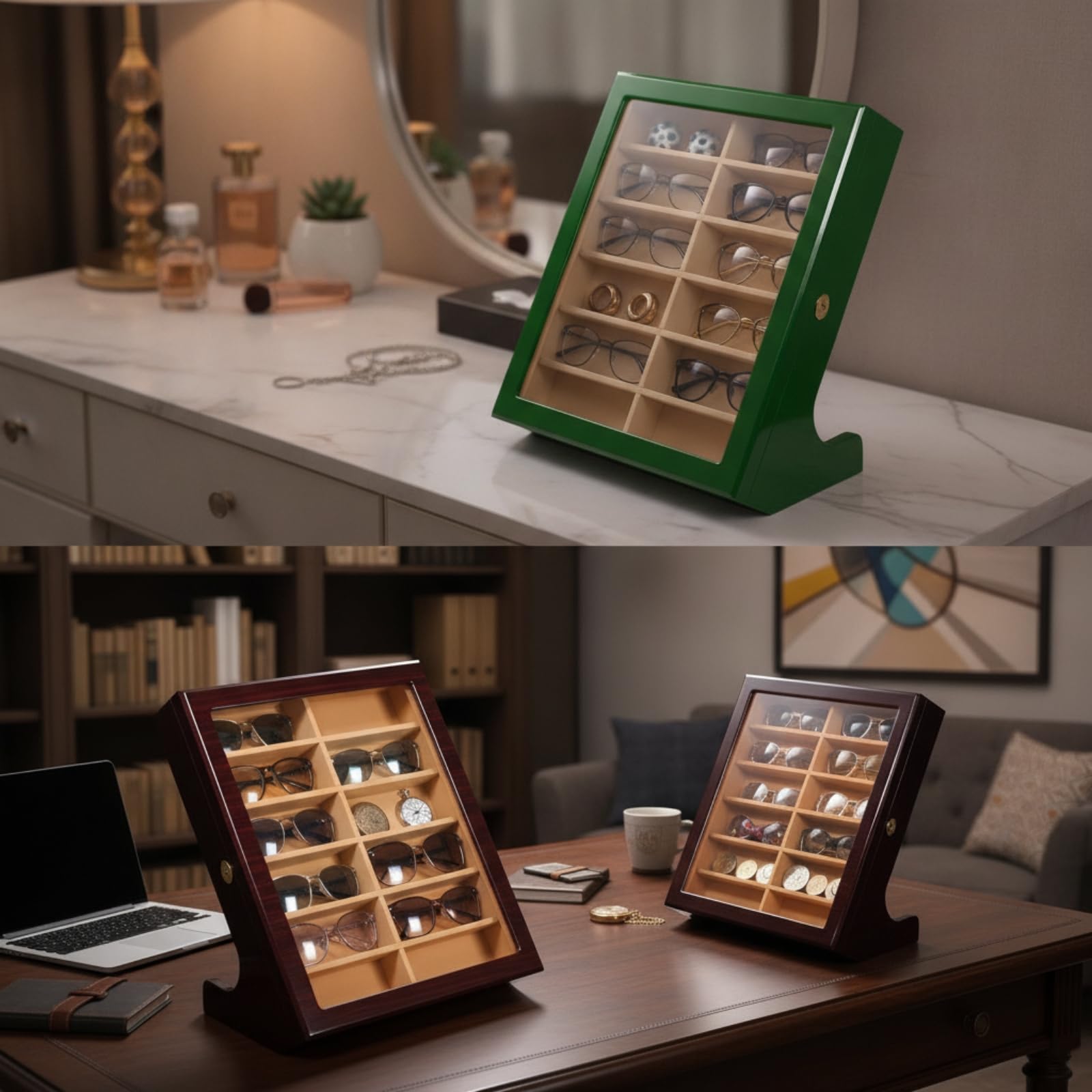 Brillendisplay aus 12 Fächer Brillenaufbewahrungsbox abschließbar Brillen-Organizer für Brillenträger, Sammler, Kommode, Array, Grün Lackiert, Dunkler Samt, Klappdeckel