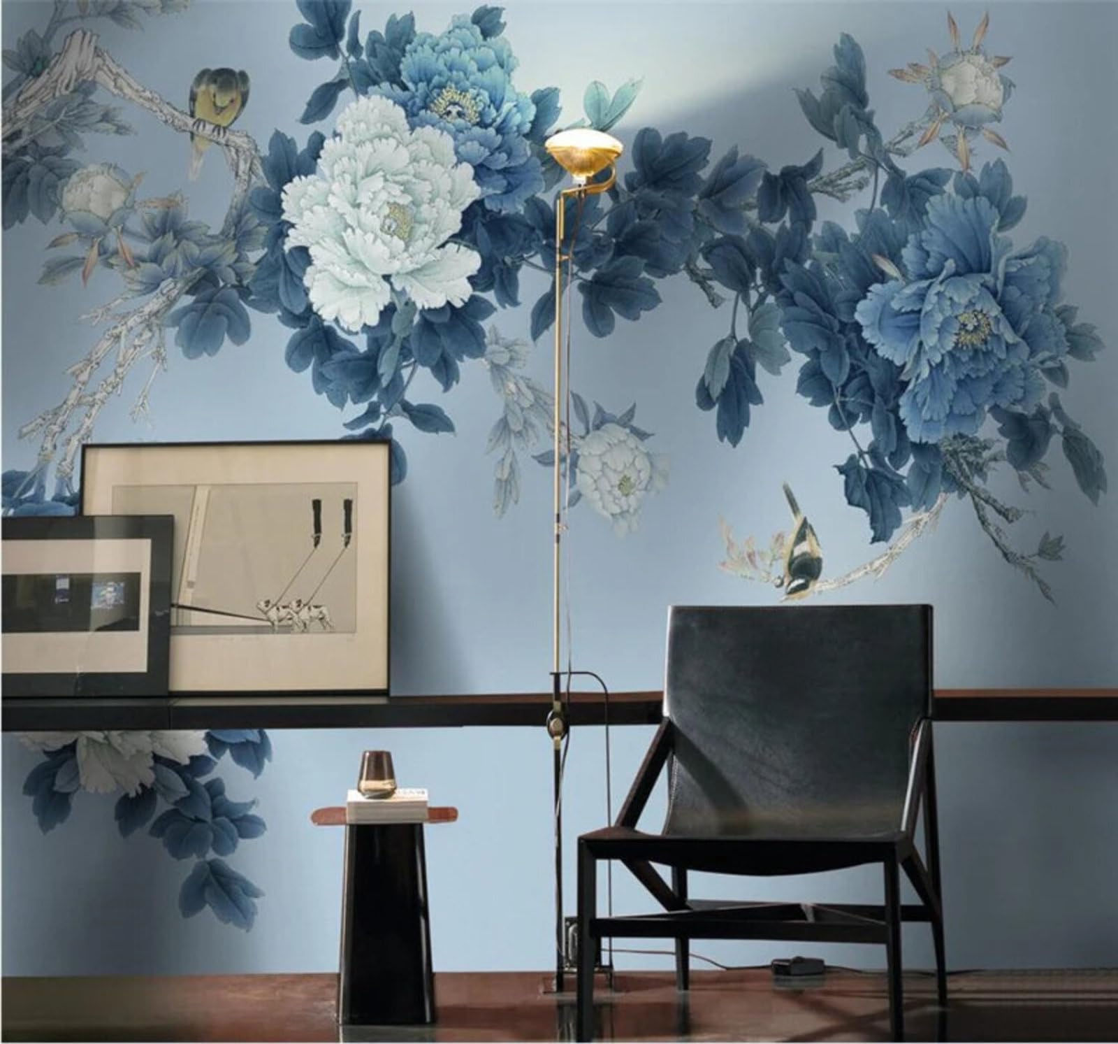 Peinture à l'encre de Chine pivoine bleue tapisserie luxe 3D