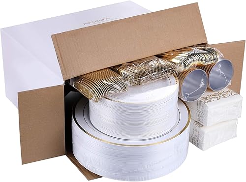 Miniatura 6 de FOCUSLINE Juego de vajilla desechable de 350 unidades para 50 invitados, platos de plástico resistente con borde dorado, incluye 50 platos de cena y