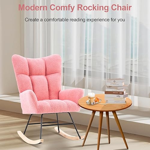 Miniatura 6 de Mecedora para guardería, mecedora tapizada de peluche, con respaldo alto, reposabrazos y cómoda silla auxiliar, mecedora para guardería con base de