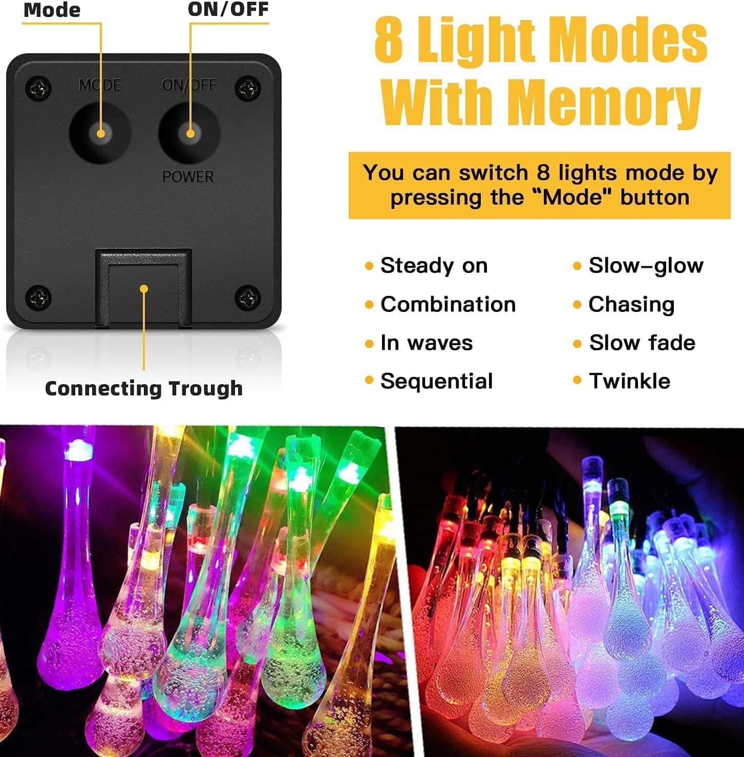 Solarleuchten für den Außenbereich, 6,3 m, 30 LEDs, Tropfenform, mehrfarbig, Lichterkette, LED-Außenlichter, wasserdicht, für Garten, Terrasse, Hof, Baum, Party, Hochzeit,