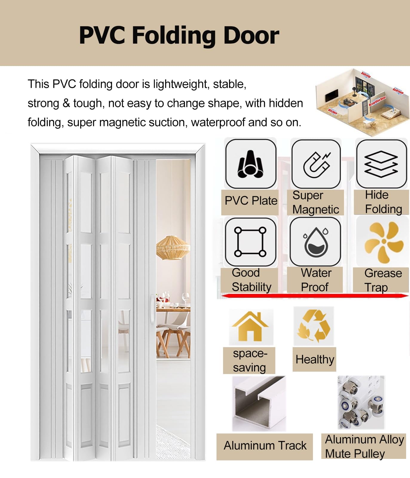 Porte pieghevoli a fisarmonica per interni, 53, 30, 40, 50, 60, 70, 203 cm, bianco, multipiega per armadio, ufficio, hotel, ristorante con ferramenta (119,4 x 203,2 cm)