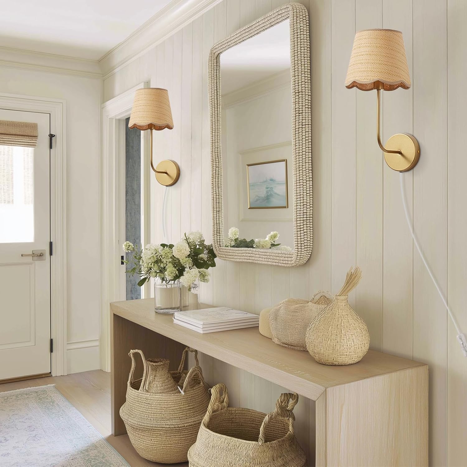 Boho Rattan Wall Sconces, Plug in Hand Woven Wicker Wall Light Antique Brass Brush Paint Finish Flower Shade Set of 2 for Bedside,Living Room, Hallway， Fireplace