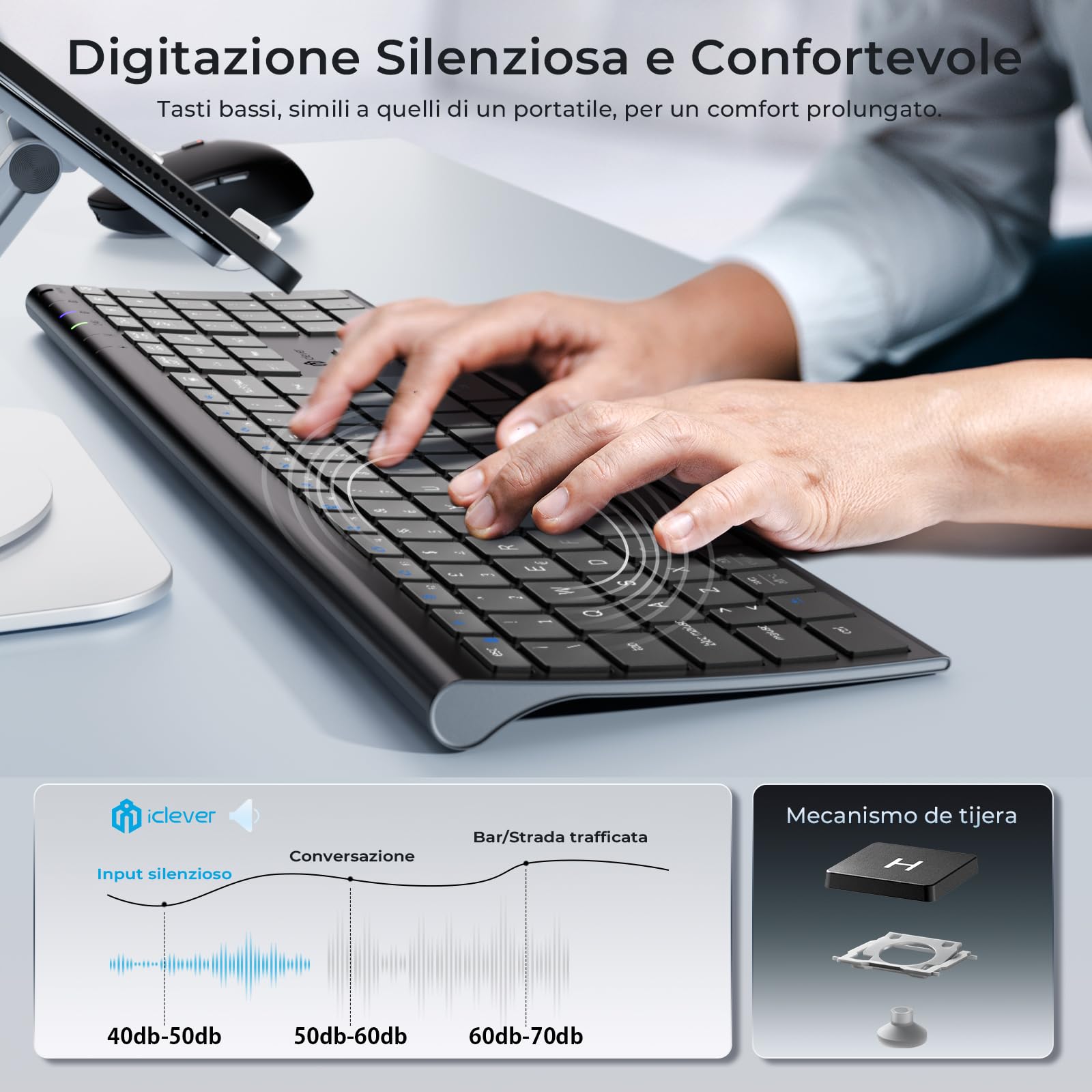 iClever Tastiera e Mouse Wireless Bluetooth, Tastiera e Mouse Doppia Modalità (Bluetooth + 2.4G) Ricaricabile, Layout Italiano QWERTY, Silenziosa for Mac, iPad, PC, Laptop, Desktop, Tablet, Smartphone