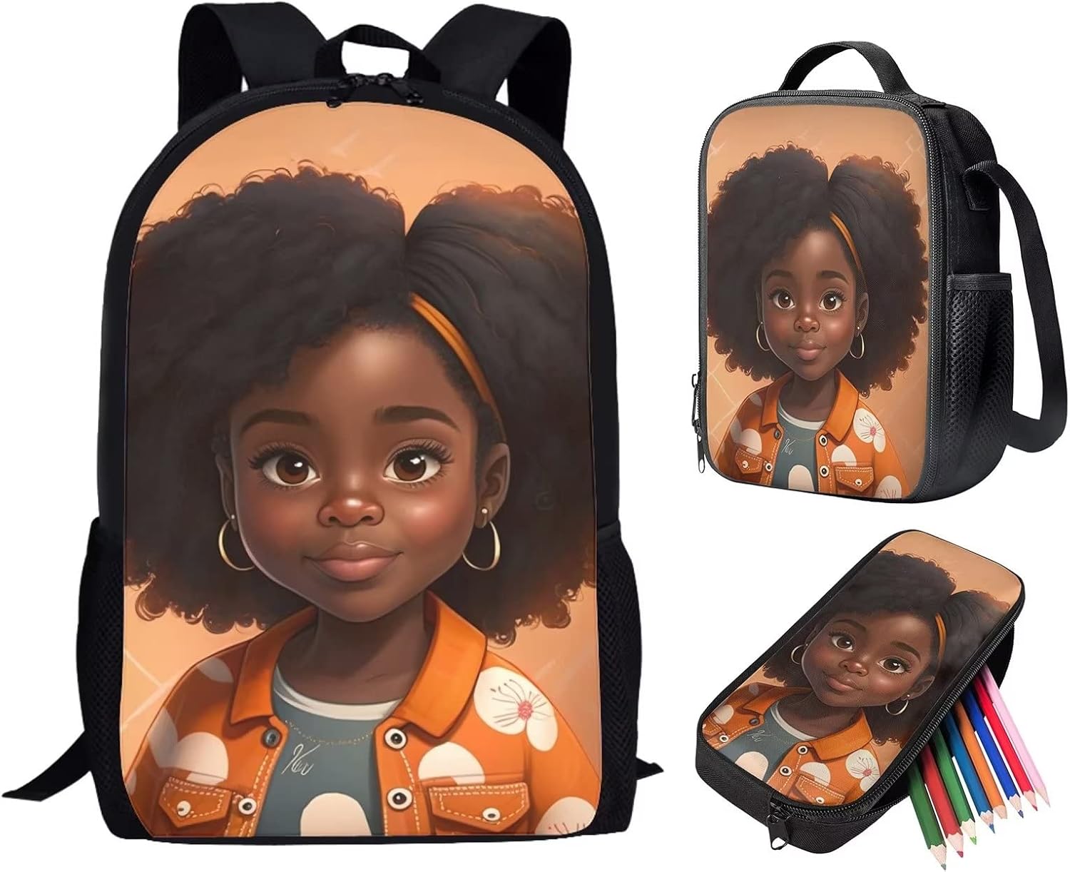 Kids School Bag Set American Afro Backpack and Lunch Box Pencil Case,Preppy Magic Girls Bookbag Age 8-9/10-11/12-14,Elementary/Primary Kids Book Bag African Back Girls