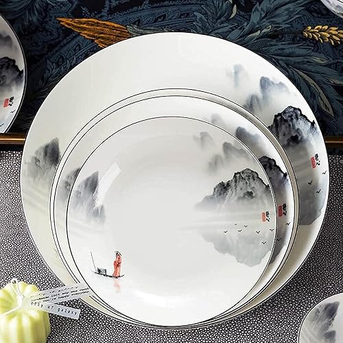 Miniatura 4 de Juego de vajilla para 4/6/12, platos en blanco y negro, juego de vajilla chino, juego de platos/vajilla con diseño de pintura de tinta antigua, para