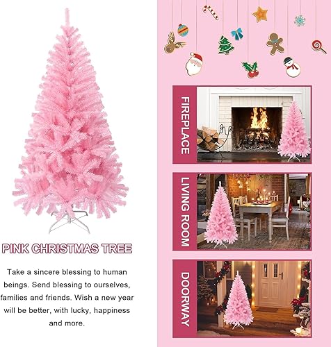 Miniatura 6 de Árbol de Navidad artificial de 4 pies, pino de Navidad con soporte de metal para árbol de Navidad, árbol de Navidad rosa para vacaciones, hogar,