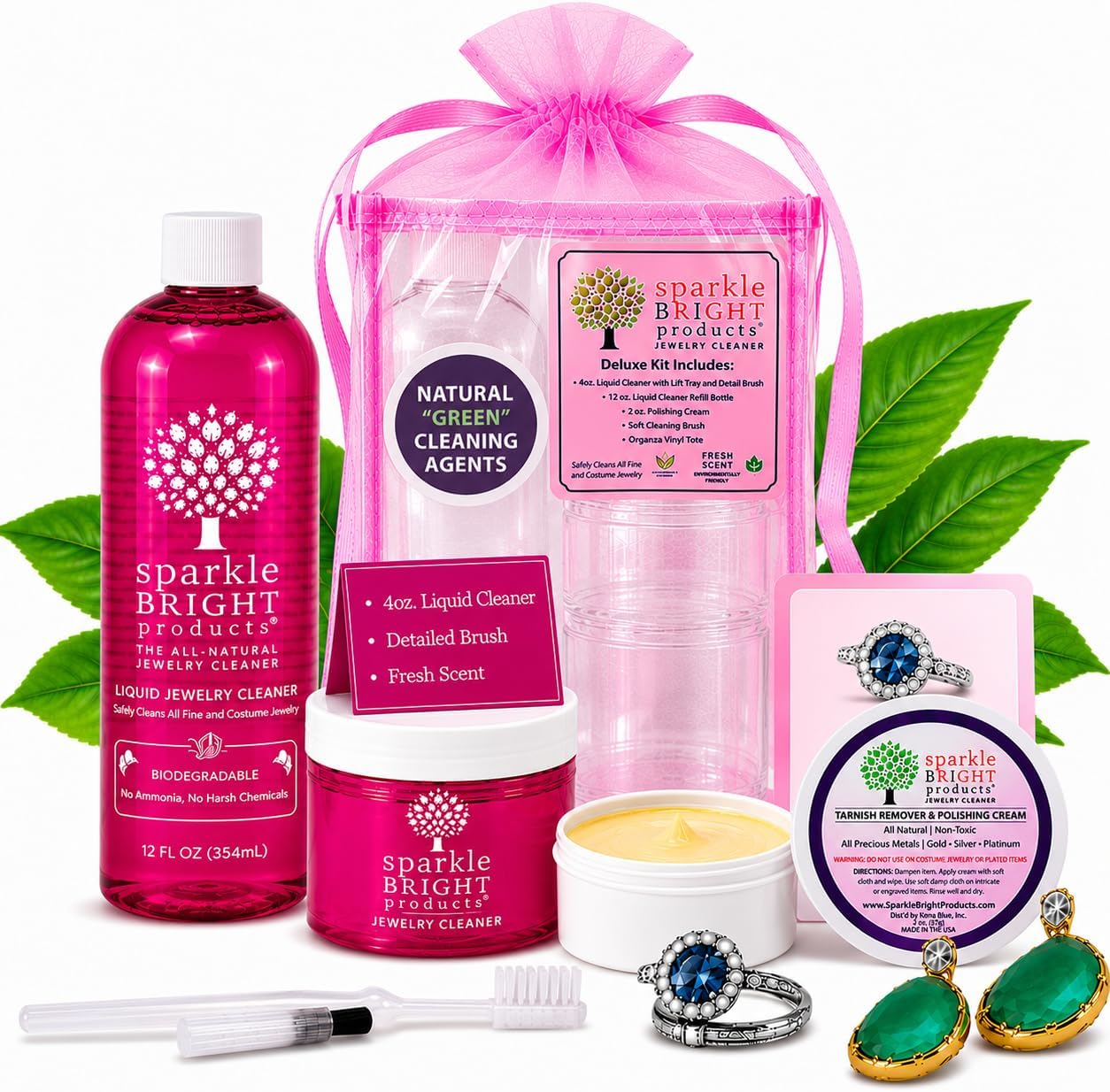 Sparkle Bright All-Natural Jewelry Cleaner - Deluxe Cleaning Kit - Ultrasonics, Gold, Silver, Diamonds, Fine, Fashion, Designer Jewelry