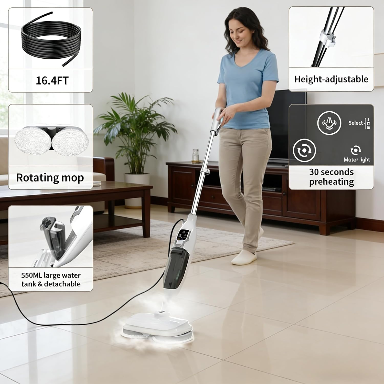 Steam Mop for Floors, Adjustable Steam, Suitable for Hardwood, Tile, and Carpet, Lightweight and Easy to Use