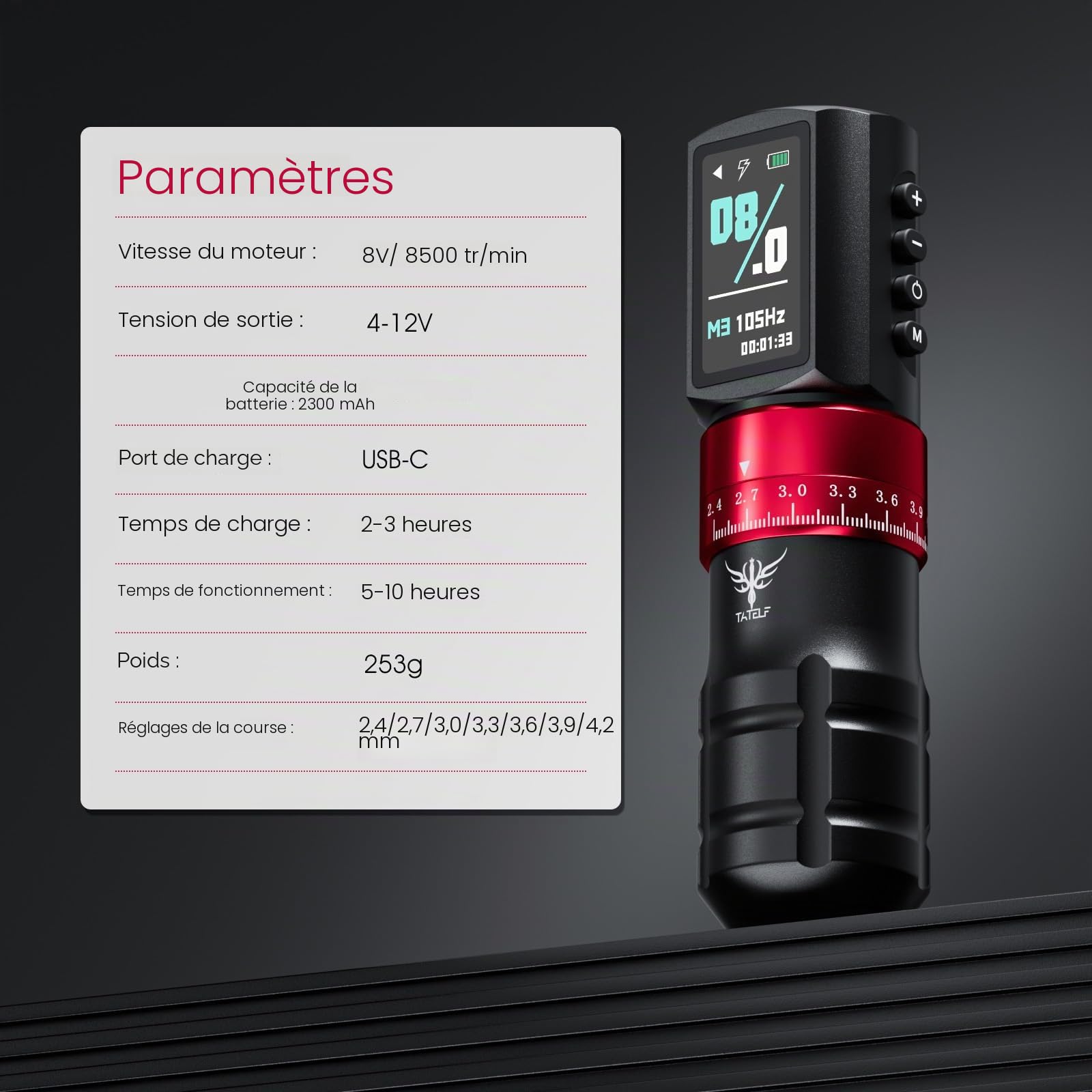 TATELF Kit de machine sans fil avec 7 hauteurs de levage réglables avec batterie de 2300 mAh, 20 cartouches, 10 cartouches d'encre, accessoires professionnels complets pour débutants et artistes