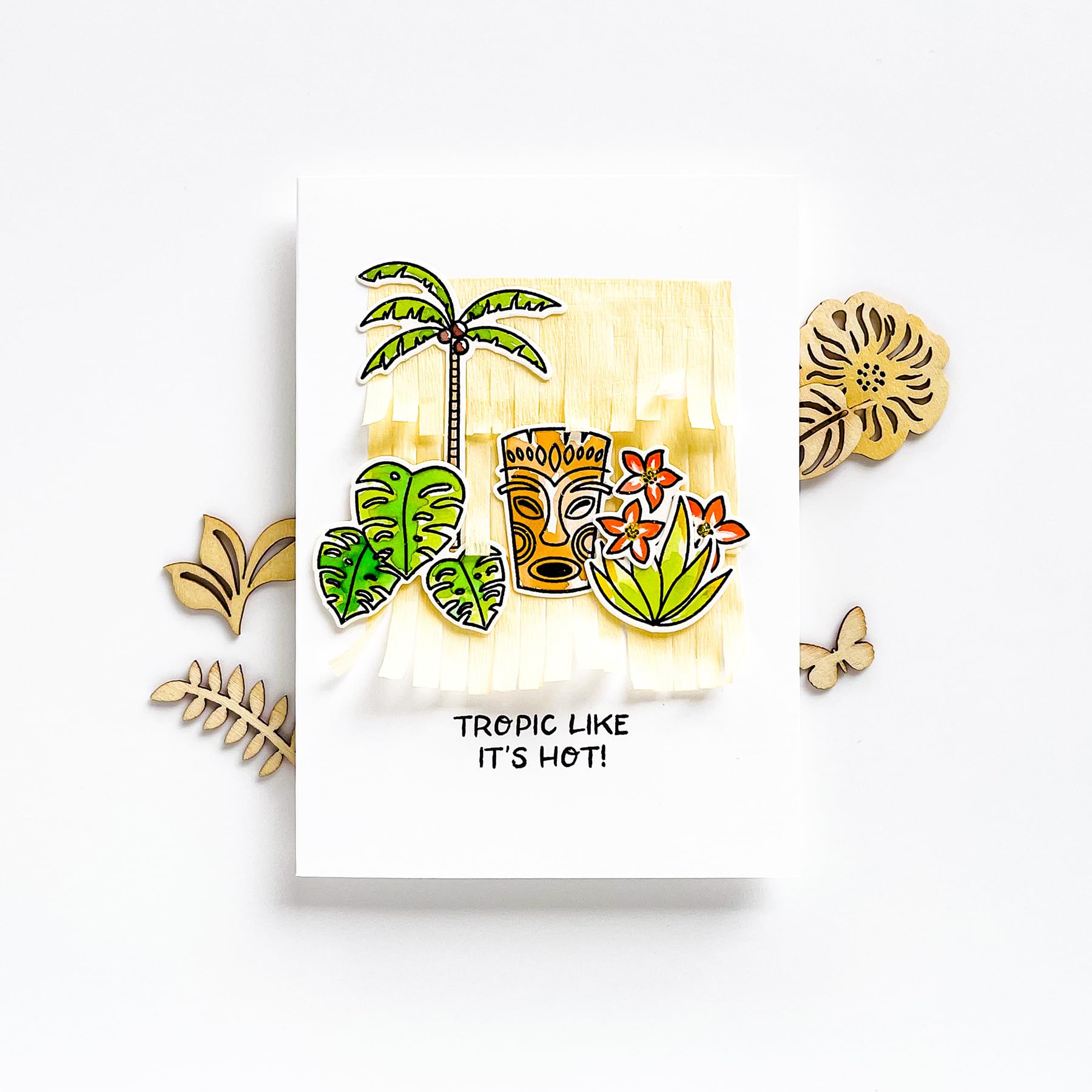 It's a Jungle Stamp and Die Set Combo, Essentials by Ellen, Stamping, Scrapbooking, Die Cutting, DIY, Cardmaking, Papercraft, Tropical, Tiki, Palm, Survivor, Torches, Tribu
