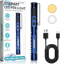 Rechargeable Pen Torch, RISEMART LED Pen Light with Warm/Cool White & Stepless Dimmable, Pupil Gauge Penlight for Nurses Doctors Paramedic EMT Emergency (Sapphire Blue)