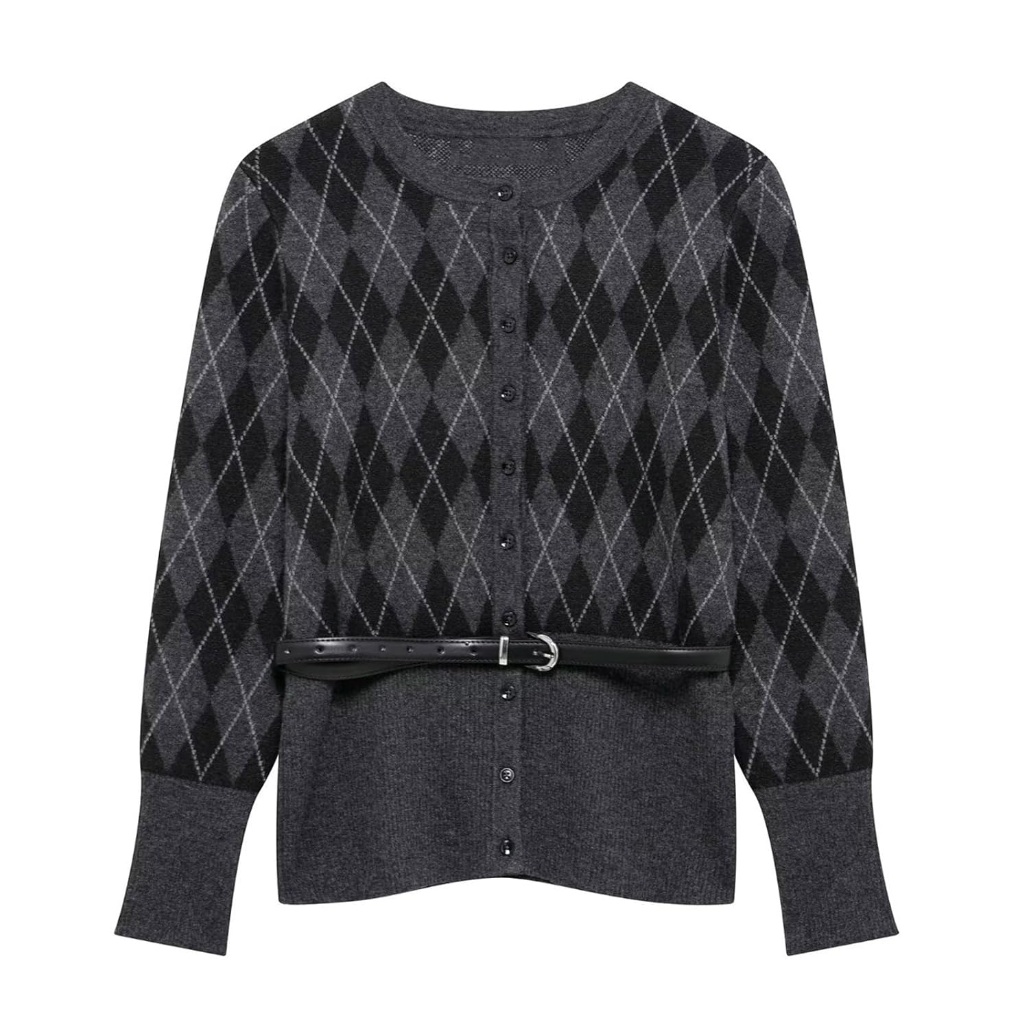 Womens Plaid Knit Cardigan Casual Cute Crew Neck 2025 Fall Winter Warm Argyle Jacquard Knitted Jacket with Belt