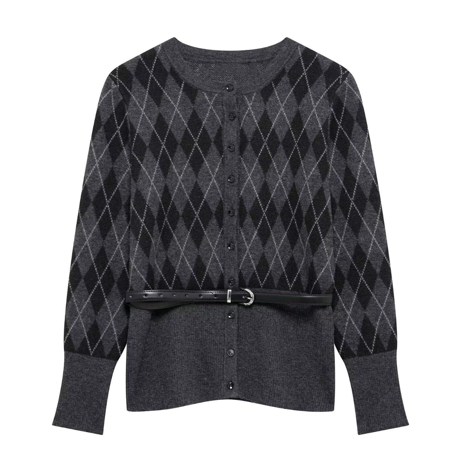 Womens Plaid Knit Cardigan Casual Cute Crew Neck 2025 Fall Winter Warm Argyle Jacquard Knitted Jacket with Belt